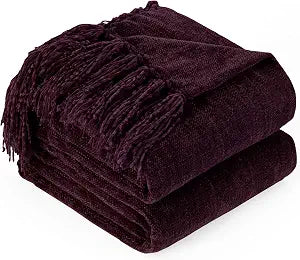 Chenille Throw Blanket for Couch with Tassels,60"X80" Soft Cozy Lightweight Knitted Boho Decorative Blankets for Bed and Sofa,Aubergine