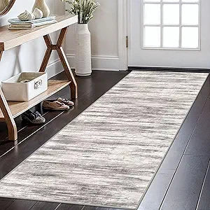 KOZYFLY Modern Abstract Kitchen Runner Rug, 2x6 Washable Rug Runner Non-Slip Soft Striped Hallway Runner Rugs, Grey/Light Beige/Brown Print Carpet Runner for Entryway Bathroom
