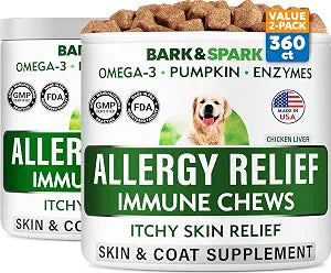 BARK&SPARK Dog Allergy Relief Soft Chews for Skin Health & Seasonal Allergies - Anti-Itch Supplement w/Omega-3, Quercetin & Bromelain Immune Treats for Dry Skin & Hot Spots - Chicken Liver - 360ct