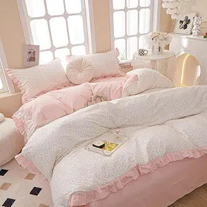 Pink Duvet Cover Full Size 100% Cotton Floral with Ruffle, Princess Coquette Bedding, Teen Girls Romantic Comforter Cover with Zipper Closure, 3 Pcs Aesthetic Duvet Cover 80"x90"