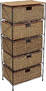 Household Essentials 5 Drawer Seagrass Wicker Storage Unit, Rattan Storage Tower with Protective Coating, Strong Metal Frame, Spacious and, Rustic Modern Design, Handwoven, Natural