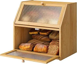 STDDRE Bread Box for Kitchen Countertop Bin Double Layer Bread Box Storage Container Extra Large Capacity with Diamond Pattern Windows (Natural, Extra Large)