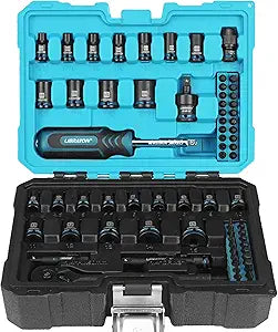 LIBRATON 71PCS 1/4 Impact Socket and Bit Set, SAE(5/32-9/16")& Metric(4-15MM) Impact Socket Set, Cr-V Impact Driver Socket, S2 Screwdriver Bits, 90 Teeth Ratchet Handle, Spinner Handle
