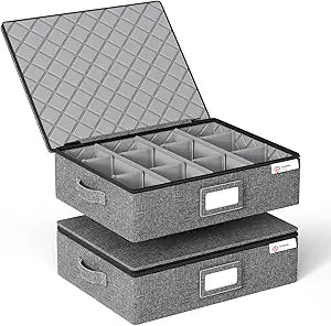 YearningHome Cup and Mug Storage Box with Hard Shell and Dividers for Coffee Mugs,Tea Cups and Glasses,Stackable Storage Organizers with Lid,Handles,Zips and Label for Moving,Holds 12,2 Pack, Grey