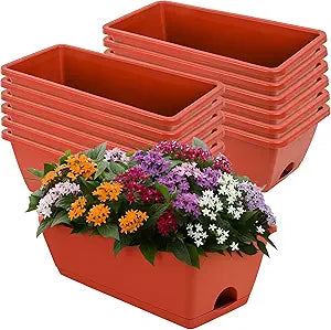 LOCONHA Window Box Planter, Plastic Vegetable Flower Planters Boxes 17 Inches Rectangular Flower Pots with Saucers for Indoor Outdoor Garden, Patio, Home Decor (12, Brick Red)