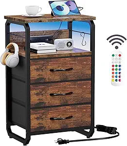runjuly Night Stand with Charging Station, LED Nightstand with 3 Fabric Drawers and Hooks, Small End Table with Light and USB C Port, Storage Side Table for Bedroom, Rustic Brown