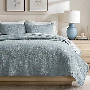 EverGrace Medallion Stitch Cotton Quilt Set King Size, 3-Piece 100% Cotton Quilted Bedspread Coverlet Bedding Set with Pillow Shams, Oversized Lightweight Soft & Breathable All-Season, Blue Linen