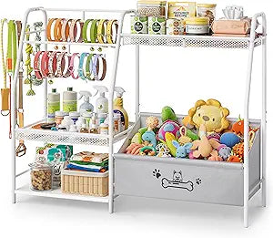 Large Dog Toy Basket with Dog Storage Organizer, Trapezoid Dogs Toy Bin Box with Collar Leash Holder Hook, Toy Holder Chest Pet Storage Cabinet for Living Room, Dogs Essentials for Pet Lovers Gift