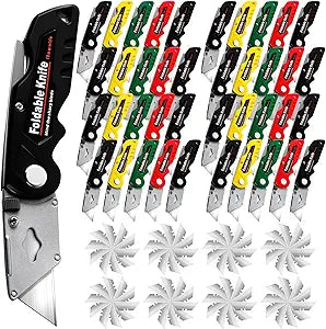 Therwen 40 Pcs Folding Utility Knives Bulk with 80 Replacement Blades Heavy Duty Box Cutter with Safety Lock Folding Utility Razor Knives Retractable Mechanism Paper Cutter, Multicolor