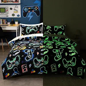 Btargot Black Kids Cartoon Game Console Comforter Set 5 Piece Glow in The Dark Bedding Set for Boys Bed in a Bag, Full