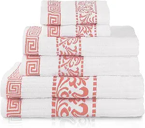 Superior 6-Piece Cotton Towel Set, Decorative Greek Pattern, Home Essentials, Absorbent Towels, Bathroom Decor, Spa, Resort, Includes 2 Hand, 2 Face and 2 Bath Towels, Athens Collection, Coral