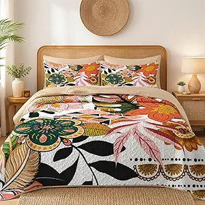 Pamnest Quilt Set King Size, Boho Floral 3 Pcs Soft Bed Cover Bedding Set, Mid Century Flowers Lightweight Bedspread Coverlet with 2 Pillow Sham for All Season