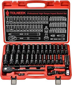 63-Piece 1/2" Drive Impact Socket Set, SAE (3/8 to 1 inch) and Metric (10-24mm) Socket Wrench Set with Extension Bars, Palm Ratchet Kit, CR-V Steel for Auto/Industrial Repairs