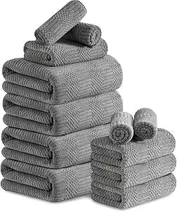 Belista Towel Set Pack of 12 Family Towels, 4 Bath Towel, 4 Hand Towels, 4 Washcloths - MicrofiberTowels Quick Dry, Soft Bathroom Towel for Hotel -Dark Grey