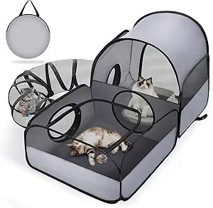 Portable Cat Playpen with Surround Tunnel, 2-Linked-Enclosed Areas, Ideal Cat Tent Outdoor or Cat Playpen for Indoor Cats Enclosed.Breathable Mesh Design for Indoor & Outdoor Use(Grey)