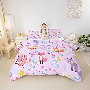 Cartoon Fox Twin Size Comforter Set,Botanical Flowers Leaves Quilt Set Soft Bed Collection,Cartoon Moon Print Purple Bedding Comforter for Boys Girls Room Decor,2 Pcs
