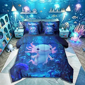 Erosebridal Axolotl Bed in A Bag with Sheets Cute Axolotl Bedding Set Cartoon Wildlife Salamander Twin Comforter Set 7 Piece for Kids Boys Girls,Blue Ocean Animal Sheet Set with Comforter
