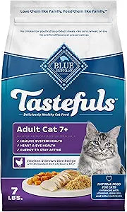 Blue Buffalo Tastefuls Chicken & Brown Rice Recipe Mature Dry Cat Food for Adult Cats 7+, Real Chicken First, Deliciously Healthy Natural Senior Cat Food with Fish Oil & Natural Ingredients, 7 lbs.