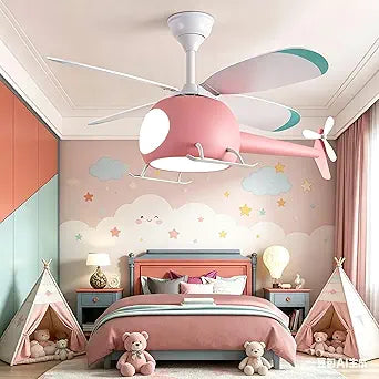 42 "Children's Bedroom Ceiling Fan with Lights,Remote Control Speed,Dimmable Kids Room Cartoon Ceiling Fan Lamp,Creative Helicopter Mode Fan&Chandelier Boys Girl Room Nursery Toys Room Pink