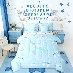 Erosebridal Kids Blue Bowknot Twin Comforter Set with Sheets 7 Piece Ribbon Letter S Bow Knot Bed in A Bag Monogrammed Dreamy Cartoon Bedding Sets for Women Lady Romantic Butterfly Knot Bed Set
