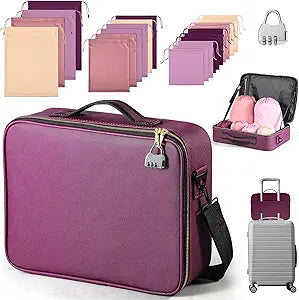 Eccliy Locking Adult Toy Bag Box Game Toys Storage Organizer with 20 Different Size Drawstring Bags Toy Storage Case for Women and Men(Purple,15.75 x 11.42 x 4.3 Inches)