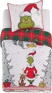 Grinch By Dr. Seuss Holiday & Christmas Quilt Bedding Super Soft 2 Piece Pillow Sham and Quilt Set, Twin Size 68" x 86", (100% Officially Licensed Product) By Franco