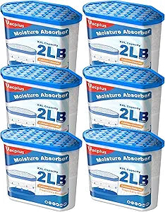 Vacplus Moisture Absorber Buckets  Large Capacity Dehumidifier and Humidity Absorber for Closet, Basement, Bathroom, RV, and Storage Areas, Unscented, 2 lbs, 6 Pack