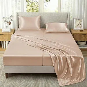 SiinvdaBZX 5-Piece Satin Sheets Split King Size Set, Luxury Silky Split King Sheets Sets for Adjustable Bed, Beige Smooth Similar to Silk Bedding with 2 Fitted Sheets, 1 Flat Sheet, 2 Pillowcases