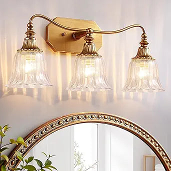 LmnLvn Gold Bathroom Vanity Light Fixture, 3 Lights Bathroom Lighting Matte Antique Brass Finish with Crystal Glass Shade, Gold Vintage Vanity Light for Bathrooms