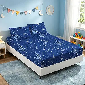 MAG 3Pcs Space Sheet Queen Size,Space Galaxy Planets Stars Fitted Sheets,for Kids Teens Boys Girls,Microfiber with 1 Fitted Sheet 14'' Deep Pocket and 2 Pillowcases.