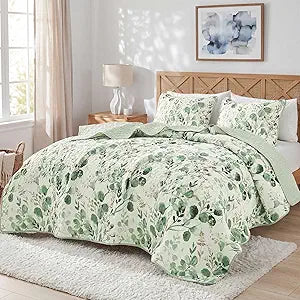Quilt Set Quilted Bedspread Reversible Lightweight Floral Printed Oversized Quilted Bedding Set with Shams 3pc, King Size, Green