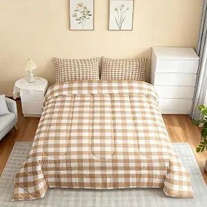Castle Fairy Geometric Grid Comforter Set Boho Gingham Comforter Queen Size Modern Plaid Checkered Bedding Set for Kids Girls Boys Bedroom Decor Fashion Brown Quilt Duvet,3 Pcs with 2 Pillowcase