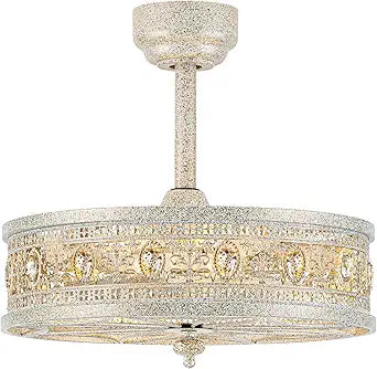 Fandelier Ceiling Fan with Light,French Coastal Ornate Caged Bladeless Chandelier Fan,Elegant Statement Crystal Round Drum Light Fixture,Hanging/Flush Mount for Bedroom,Kitchen,Dining Room,Living Room
