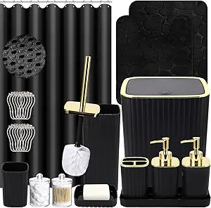 XLHOMO Bathroom Set with Shower Curtain and Rugs- 25PC Bathroom Accessory Set, Black Shower Curtain Set, Toilet Brush, Trash Can, Qtip Holder & Soap Dispenser