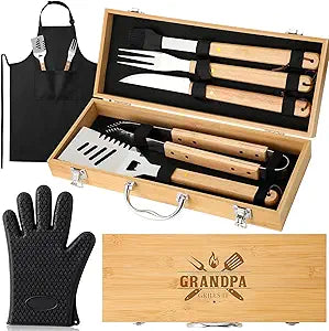 8 Pcs Grandpa Gifts for Men Father's Day Grilling Gifts Heavy Duty Wooden Grilling Accessories BBQ Tools for Outdoor Grill with Wood Case, Apron and Oven Mitts for Grandpa Grandfather Poppop