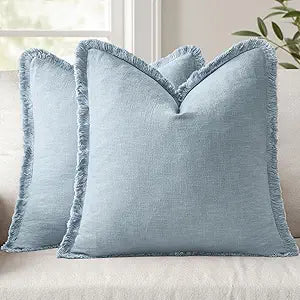 ANRODUO Set of 2 Decorative Throw Pillow Covers 2424 Inch Soft Linen Fringe Farmhouse Boho Vintage Cushion Covers with Tassels Accent Pillowcase for Couch Sofa Bed Living Room Coastal Decor Sky Blue