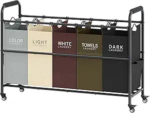 Tajsoon 5 Bag Laundry Sorter Cart, Laundry Hamper Sorter Basket with Heavy Duty Lockable Rolling Wheels for Clothes Storage, 5 Colors