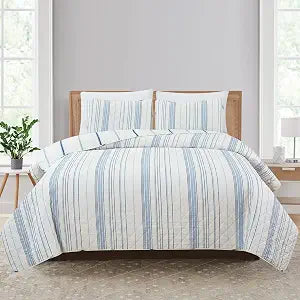Market & Place 3 Piece Reversible Quilt Set with Shams | All-Season Soft & Lightweight Bedspread with Modern Striped Pattern | Sofia Collection (King, Ivory/Blue)