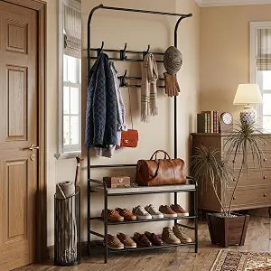 Garvee Hall Tree Shoe Bench for Entryway, Coat Rack Storage Bench, 4-in-1 Coat Tree Storage Shelf and 8 Hooks for Small Spaces, Hallway, Bedroom, Gray