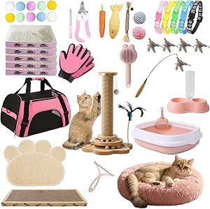 Kitten Starter Kit, 45 Pcs Cat Starter Kit, Kitten Litter Box Starter Kit for Indoor Folding Carrier, Climbing Frame, Mat, Collar, Cat Bed, Litter Box More (Pink)