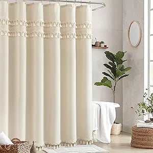 Linen Shower Curtain Boho Beige Shower Curtains for Bathroom 72 x 72 Inch Cloth Shower Curtain with Luxury Tassels Neutral Farmhouse Bath Decor Medieval Vintage Bath Curtains