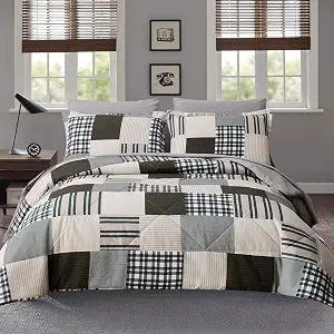 Comforter Set Queen Size Plaid Patchwork Comforter Bedding-7 Piece Bed in a Bag,Soft Fluffy Reversible Microfiber Bedding Set(1 Comforter,1 Flat Sheet,1 Fitted Sheet,2 Pillowcases,2 Pillow Shams)