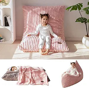 MAXYOYO 3 in 1 Kids Bean Bag Chair, Convertible Child Chair Folds Bean Bag with Removed Cover, Soft Fur Fabric Floor Couch with High-Density Foam Filling for Living Room Bedroom, Pink