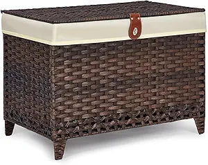 Honjourai Wicker Storage Basket with Lid,Rattan Shelf Basket with Removable Liner Bag,160L Storage Bin,Storage Trunk with Heightened Feet,Storage Container for Wardrobe,Home Organizer