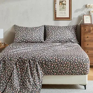 HYPREST Floral Sheets Full Size, Deep Pocket Sheets Black Soft Breathable Farmhouse 4pcs Bed Sheet Sets