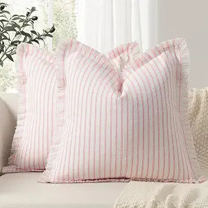 ZWJD Throw Pillow Covers 24x24 Set of 2 Striped Pillow Covers with Fringe Chic Cotton Decorative Pillows Square Cushion Covers for Sofa Couch Bed Living Room Farmhouse Decor, (Pink)