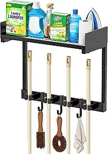 HUFAND Broom Holder Wall Mount, 15" Large Mop and Broom Organizer Wall Hanging with Top Storage Shelf, Heavy Duty Iron Utility Rack for Laundry Room, Garage, Kitchen, Garden - Black