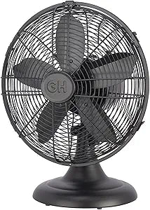 Good Housekeeping 92603 All-Metal 12" Retro Desk Office Table Fan with Wide Oscillation, 3-Speed Settings & Carrying Handle, Matte Black