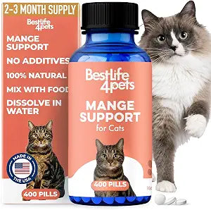 Mange Support for Cats, Natural Cat Itchy Skin, Paws and Ears Relief - Soothes Welts, Scabs, Red and Flaky Skin Reducing Excessive Grooming and Patchy Fur for a Healthy Coat (400 Tiny Tasteless Pills)