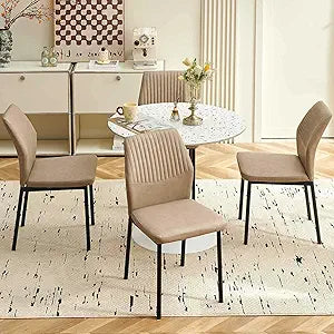 Modern Dining Chairs Set of 4, PU Leather Comfortable Upholstered Dining Room Kitchen Side Chair with Black Metal Legs for Living Room Restaurant, Waterproof, Space-Saving (Beige)